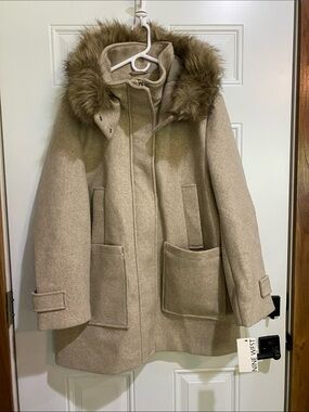 Nine West Taupe Hooded Wool-Blend Pea Coat with Faux Fur Trim